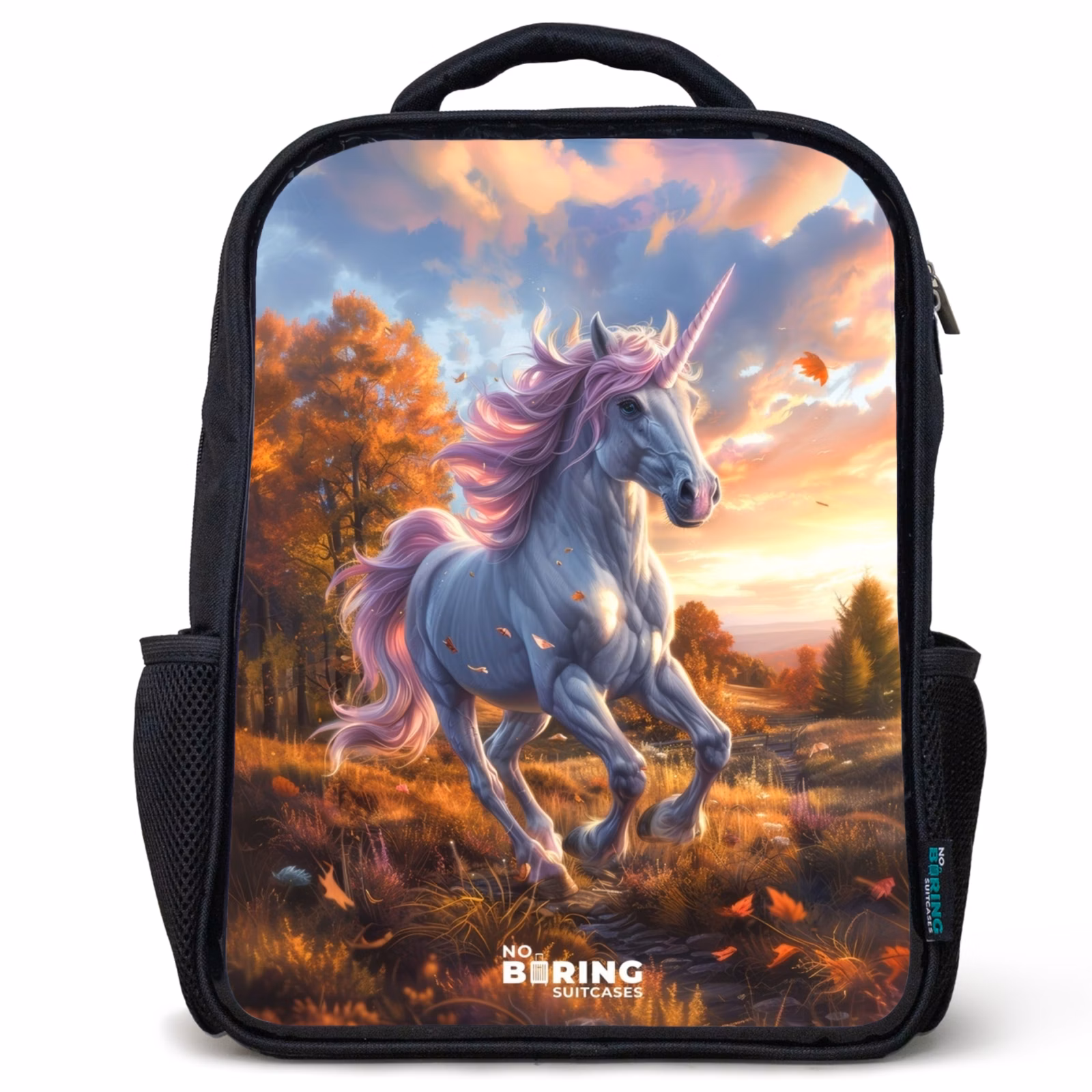 Kinderrucksack - Schwarz - Galoppierendes Einhorn in der Herbstwelt — 1
