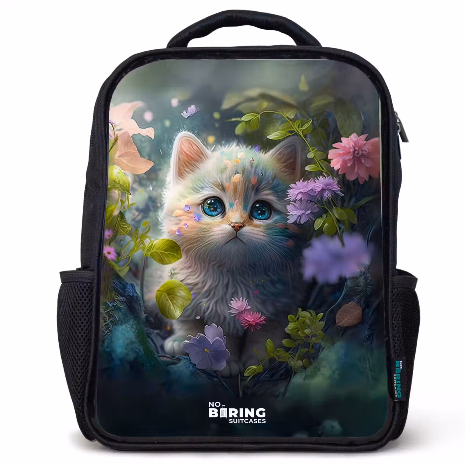 Kinderrucksack - Schwarz - Kätzchen versteckt sich hinter Blumen — 1