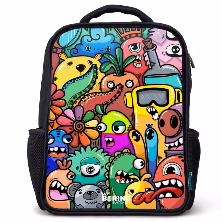 Kinderrucksack - Schwarz - Ausdrucksstarkes und geschäftiges Muster mit Monstern — 1