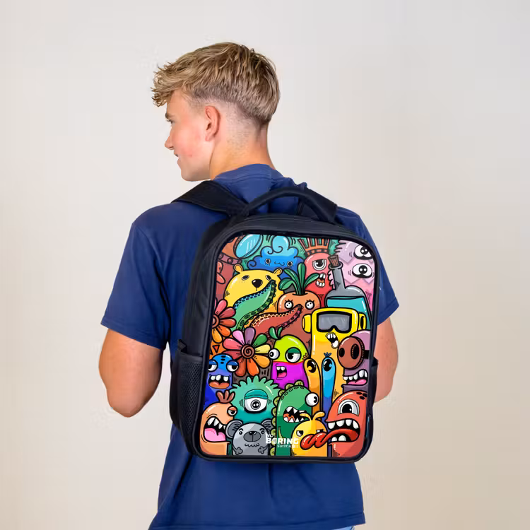 Kinderrucksack - Schwarz - Ausdrucksstarkes und geschäftiges Muster mit Monstern — 3
