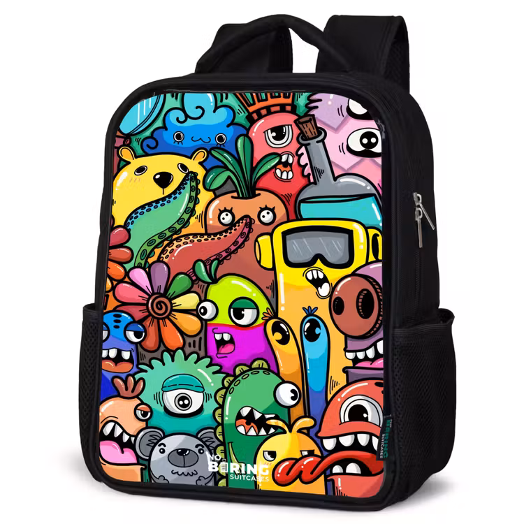 Kinderrucksack - Schwarz - Ausdrucksstarkes und geschäftiges Muster mit Monstern — 4