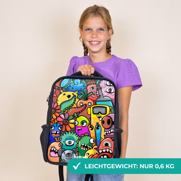 Kinderrucksack - Schwarz - Ausdrucksstarkes und geschäftiges Muster mit Monstern — 7
