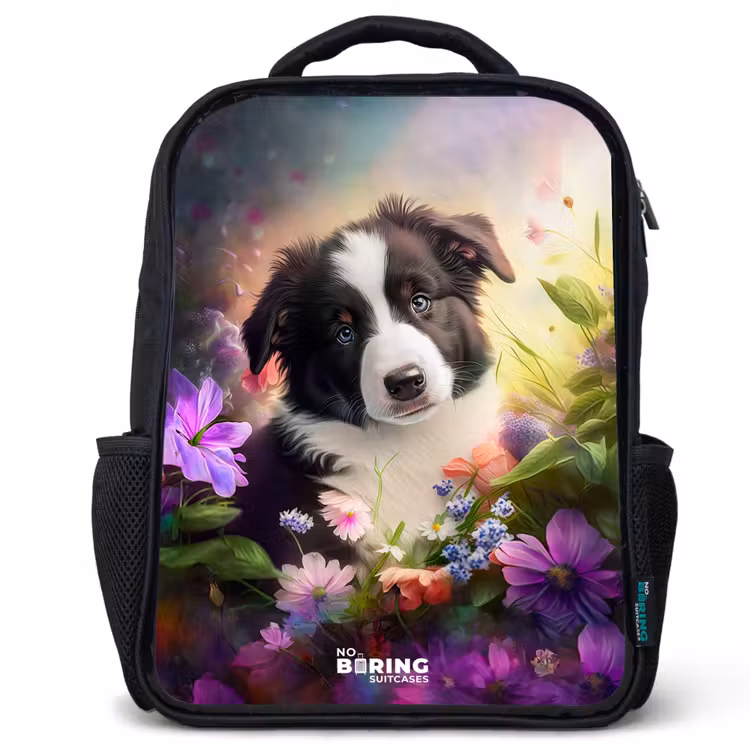 Kinderrucksack - Schwarz - Blauäugiger Hund auf einem Feld — 1