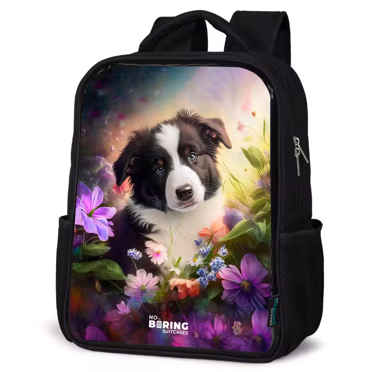 Kinderrucksack - Schwarz - Blauäugiger Hund auf einem Feld — 4