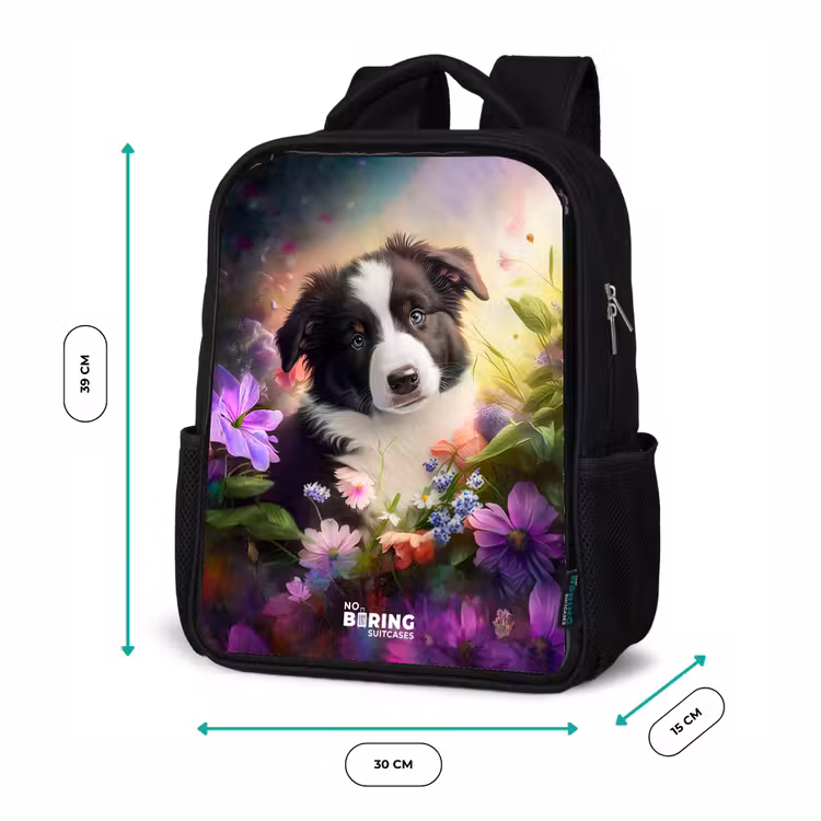 Kinderrucksack - Schwarz - Blauäugiger Hund auf einem Feld — 6