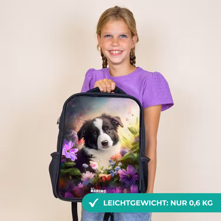 Kinderrucksack - Schwarz - Blauäugiger Hund auf einem Feld — 7