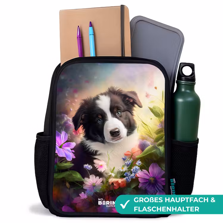 Kinderrucksack - Schwarz - Blauäugiger Hund auf einem Feld — 8