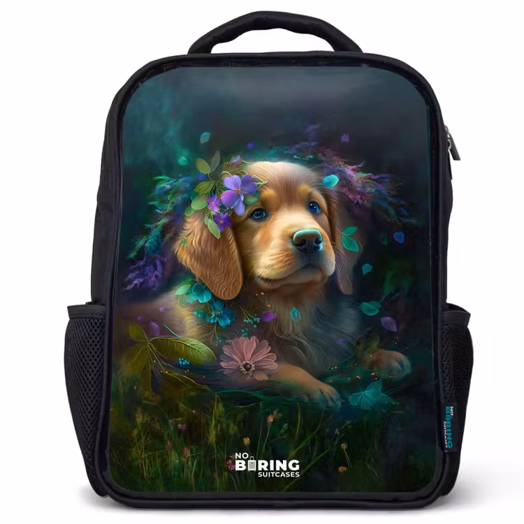Kinderrucksack - Schwarz - Brauner Hund zwischen Blumen — 1
