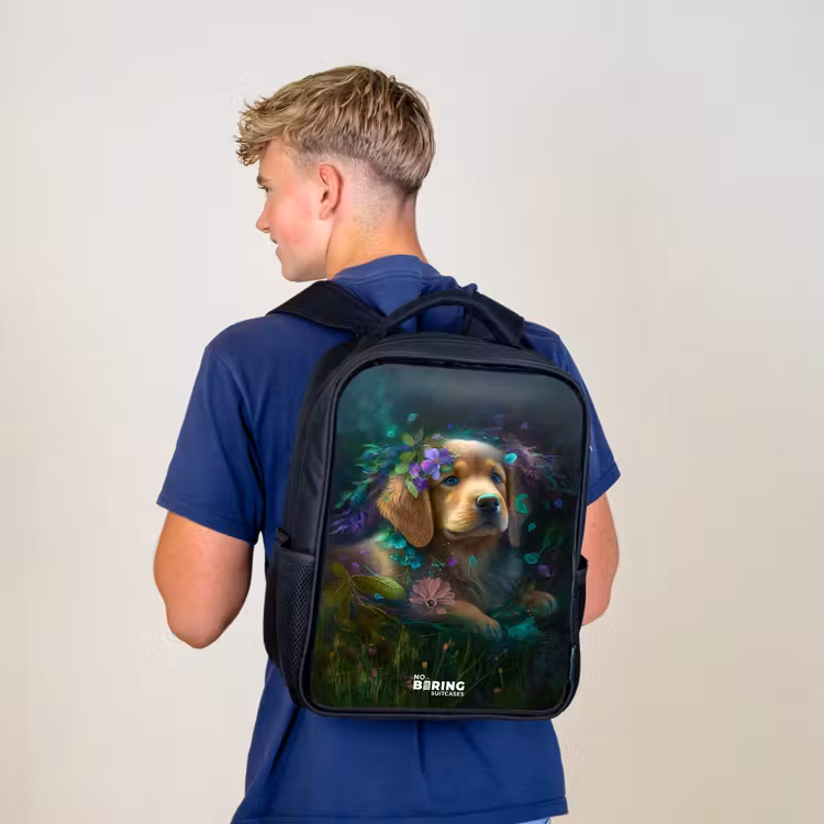 Kinderrucksack - Schwarz - Brauner Hund zwischen Blumen — 3