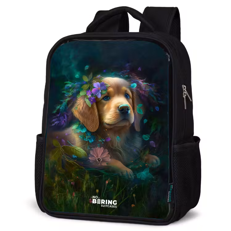 Kinderrucksack - Schwarz - Brauner Hund zwischen Blumen — 4