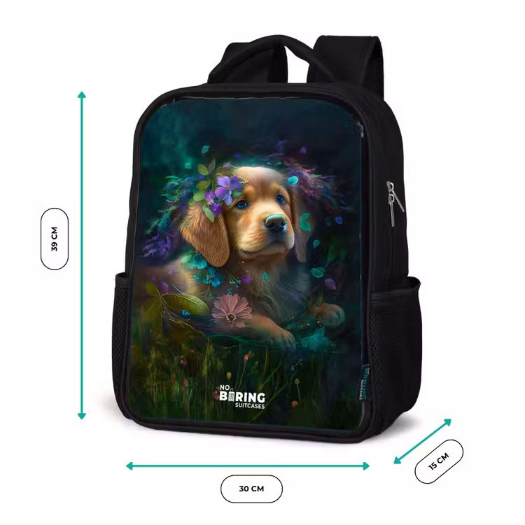 Kinderrucksack - Schwarz - Brauner Hund zwischen Blumen — 6