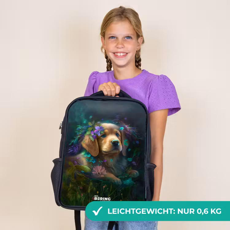 Kinderrucksack - Schwarz - Brauner Hund zwischen Blumen — 7