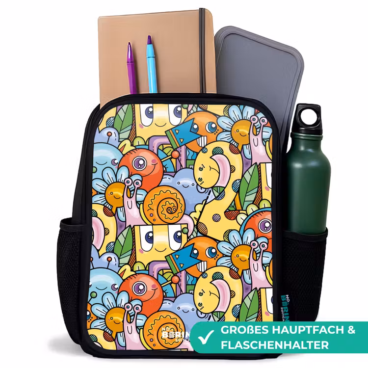 Kinderrucksack - Schwarz - Cartoon von verschiedenen Kreaturen und Gesichtern — 8