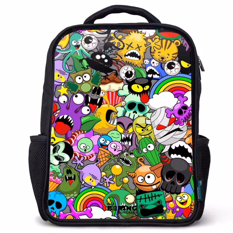 Kinderrucksack - Schwarz - Chaotisch-bunte Monster-Muster — 1