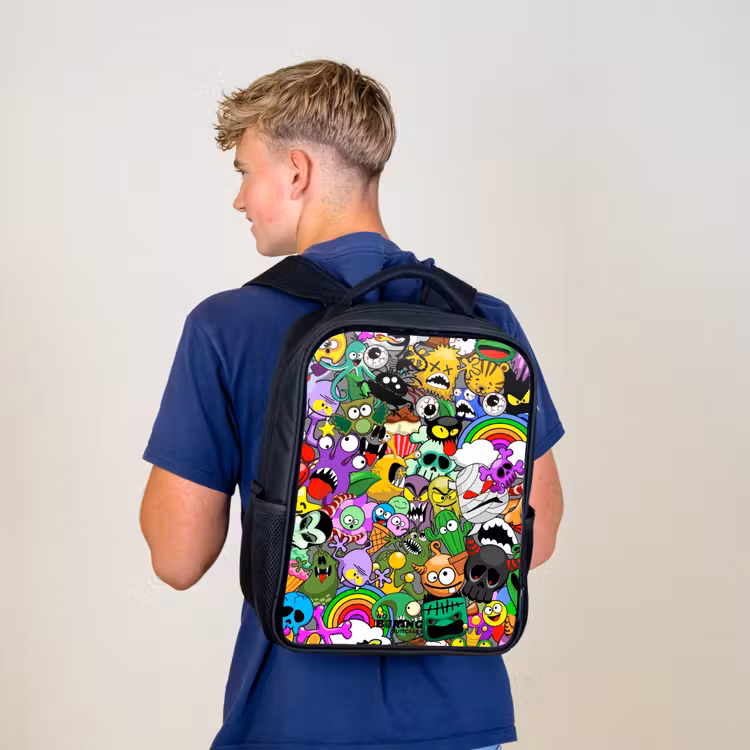 Kinderrucksack - Schwarz - Chaotisch-bunte Monster-Muster — 3