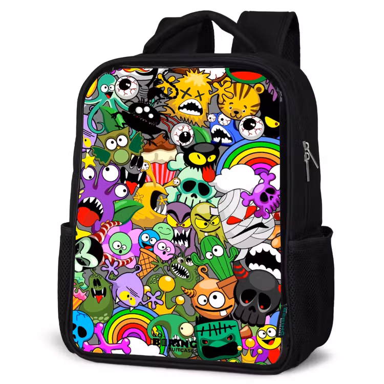 Kinderrucksack - Schwarz - Chaotisch-bunte Monster-Muster — 4