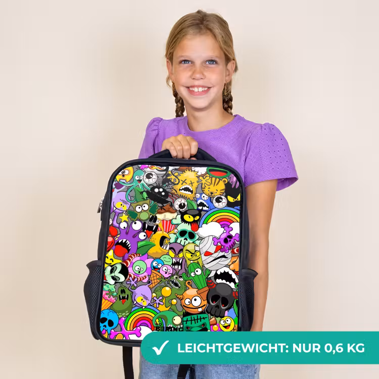 Kinderrucksack - Schwarz - Chaotisch-bunte Monster-Muster — 7