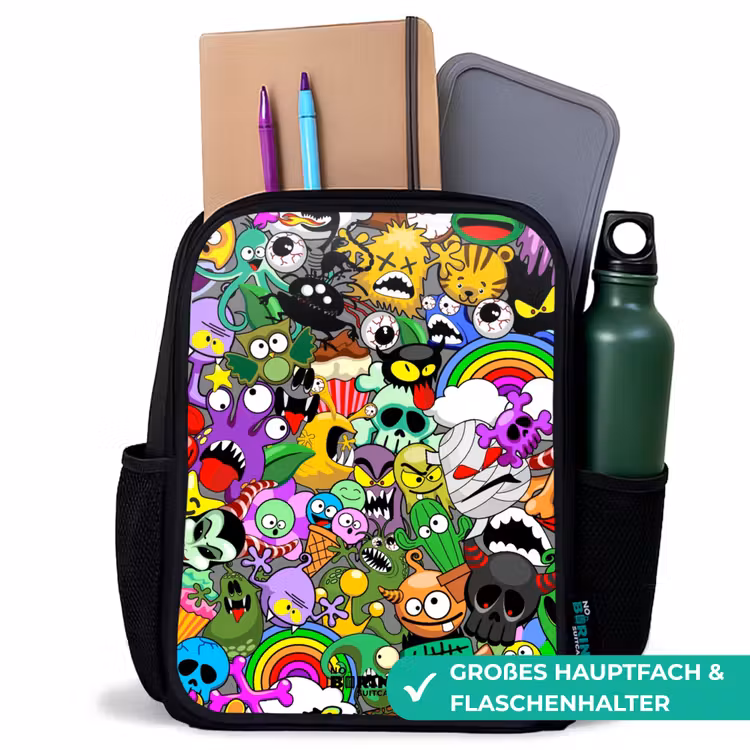 Kinderrucksack - Schwarz - Chaotisch-bunte Monster-Muster — 8