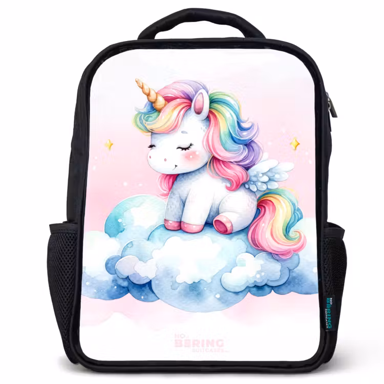Kinderrucksack - Schwarz - Einhorn mit Regenbogenmähne auf einer Wolke — 1