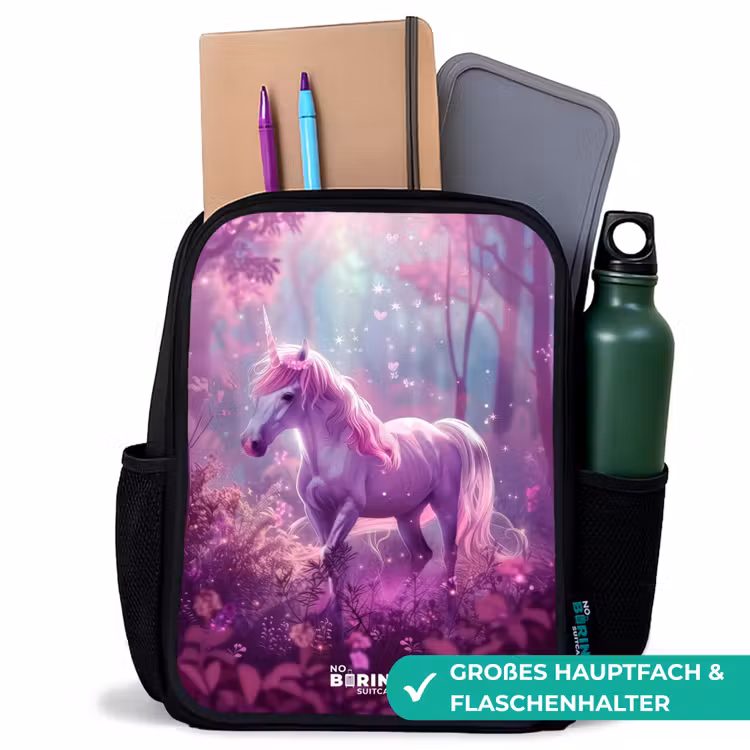 Kinderrucksack - Schwarz - Einhorn, umgeben von lila Natur — 8