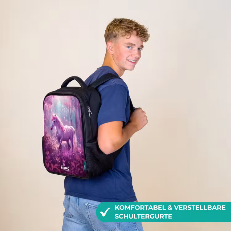 Kinderrucksack - Schwarz - Einhorn, umgeben von lila Natur — 9