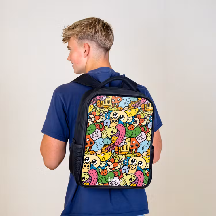 Kinderrucksack - Schwarz - Fantasietiere, die lachen und bunt sind — 3