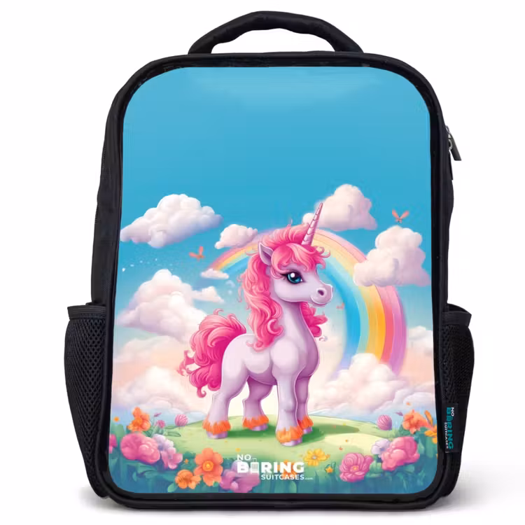 Kinderrucksack - Schwarz - Fröhliches Einhorn auf einem Regenbogen — 1
