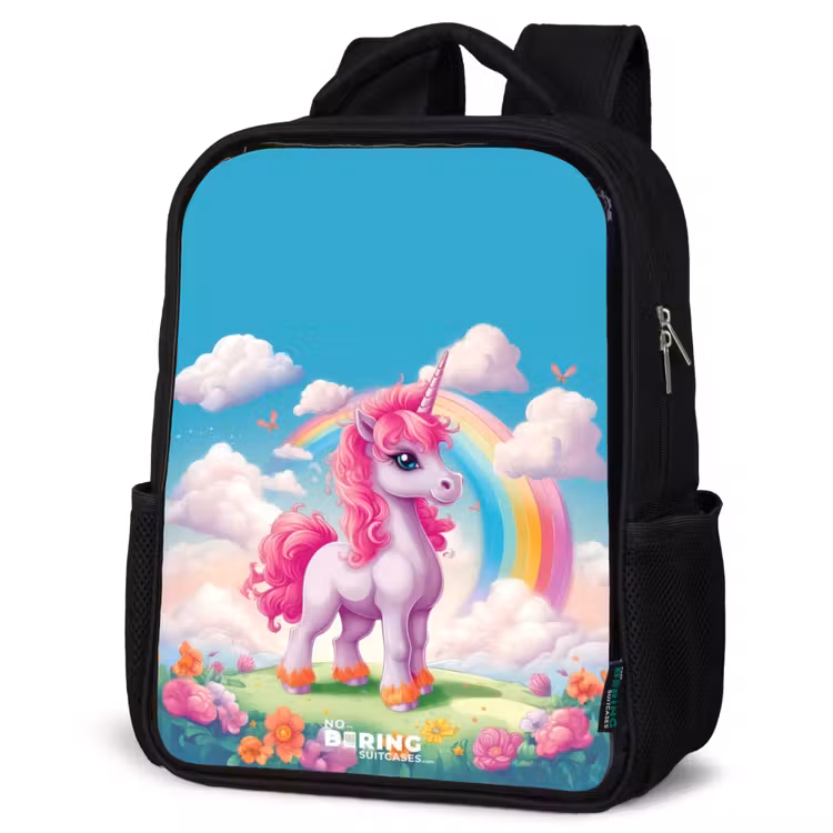 Kinderrucksack - Schwarz - Fröhliches Einhorn auf einem Regenbogen — 4