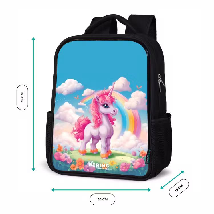 Kinderrucksack - Schwarz - Fröhliches Einhorn auf einem Regenbogen — 6