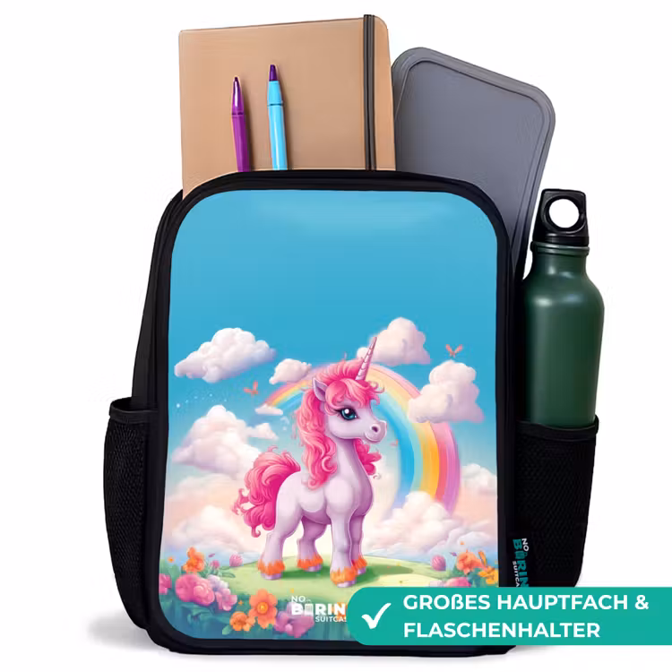 Kinderrucksack - Schwarz - Fröhliches Einhorn auf einem Regenbogen — 8
