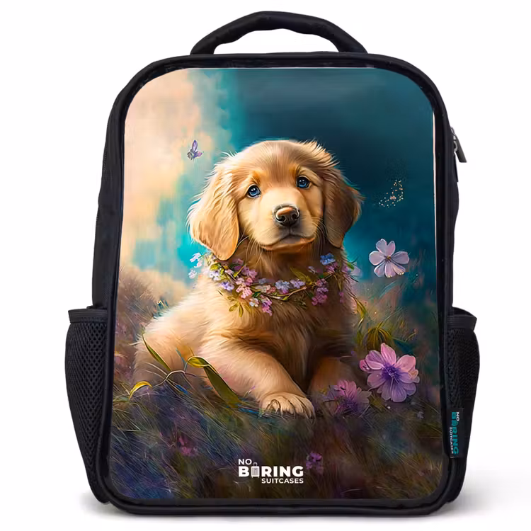 Kinderrucksack - Schwarz - Goldener Welpe im Gras — 1