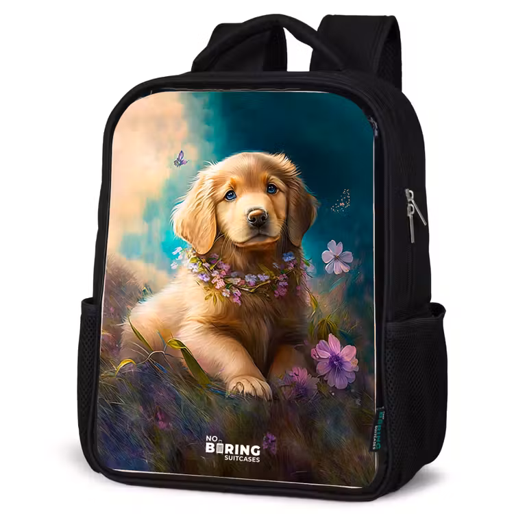 Kinderrucksack - Schwarz - Goldener Welpe im Gras — 4