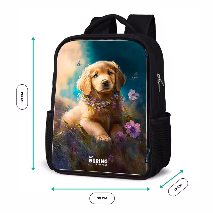 Kinderrucksack - Schwarz - Goldener Welpe im Gras — 6