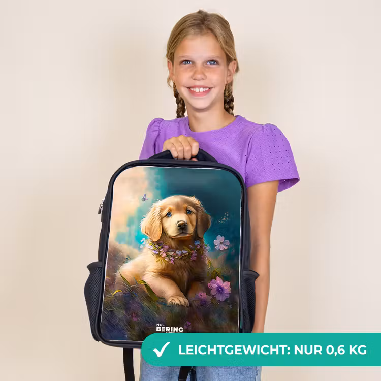 Kinderrucksack - Schwarz - Goldener Welpe im Gras — 7