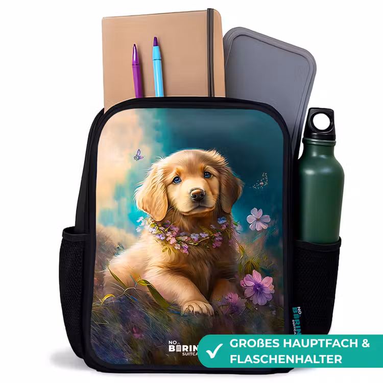 Kinderrucksack - Schwarz - Goldener Welpe im Gras — 8