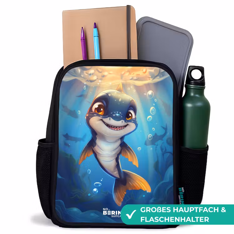 Kinderrucksack - Schwarz - Hai mit Gesicht im Wasser — 8