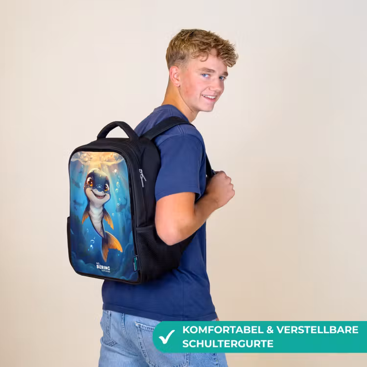 Kinderrucksack - Schwarz - Hai mit Gesicht im Wasser — 9