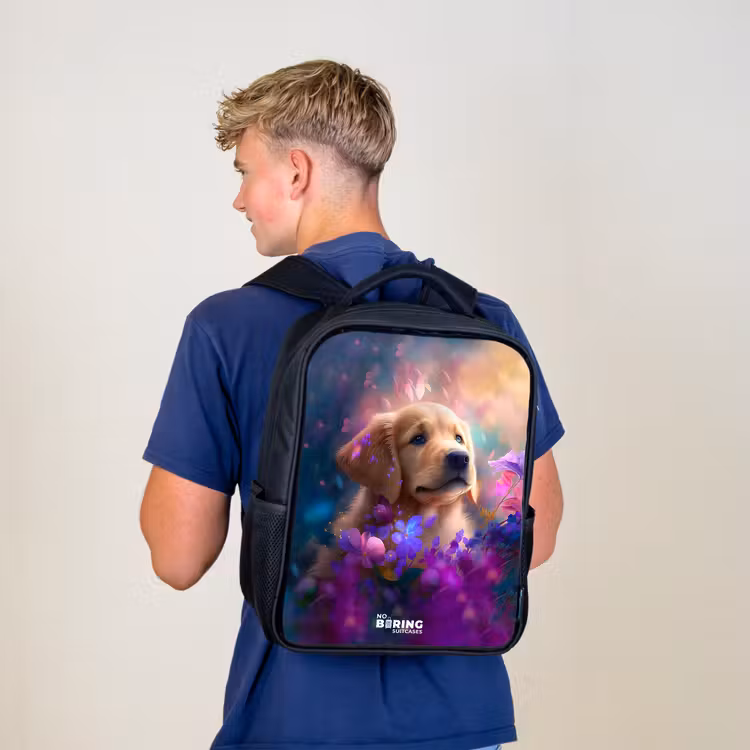 Kinderrucksack - Schwarz - Junger Hund inmitten bunter Blumen — 3
