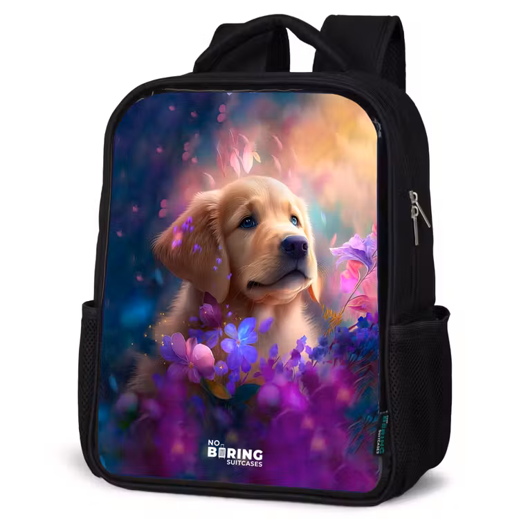 Kinderrucksack - Schwarz - Junger Hund inmitten bunter Blumen — 4