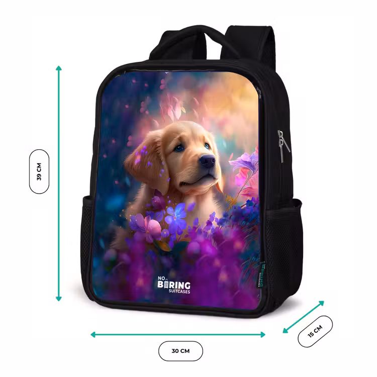 Kinderrucksack - Schwarz - Junger Hund inmitten bunter Blumen — 6