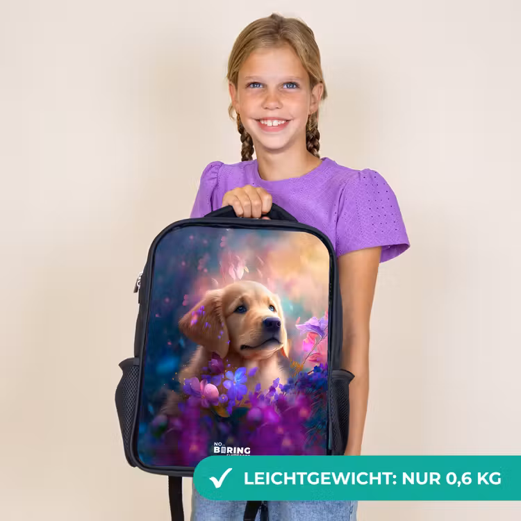 Kinderrucksack - Schwarz - Junger Hund inmitten bunter Blumen — 7