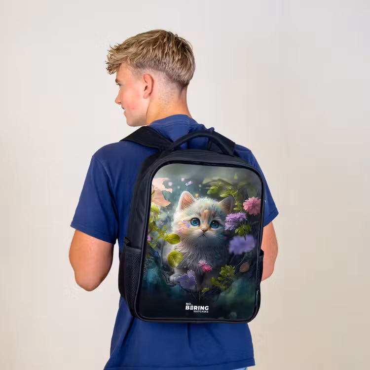 Kinderrucksack - Schwarz - Kätzchen versteckt sich hinter Blumen — 3