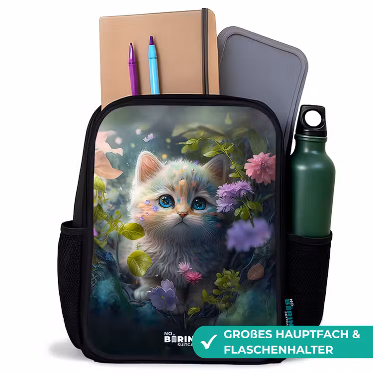 Kinderrucksack - Schwarz - Kätzchen versteckt sich hinter Blumen — 8