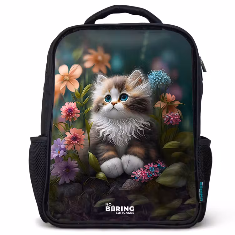Kinderrucksack - Schwarz - Kätzchen zwischen Blumen — 1