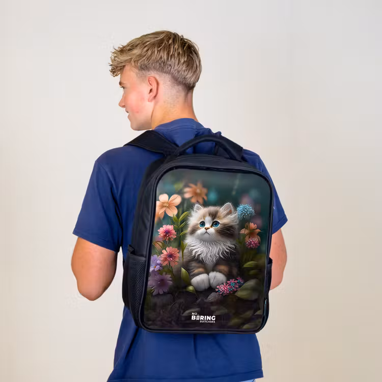 Kinderrucksack - Schwarz - Kätzchen zwischen Blumen — 3