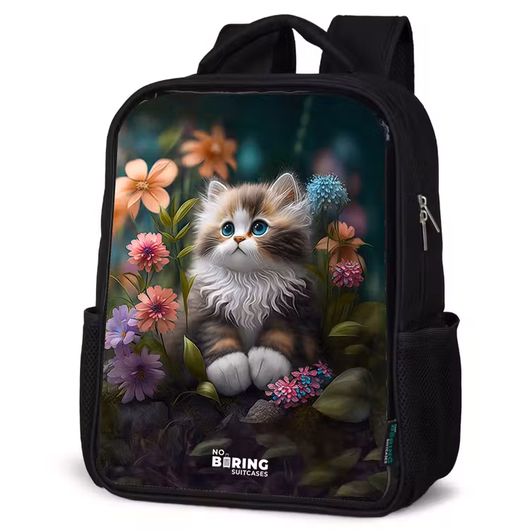 Kinderrucksack - Schwarz - Kätzchen zwischen Blumen — 4