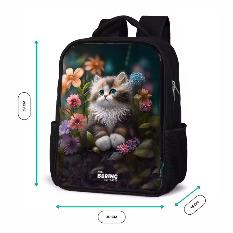 Kinderrucksack - Schwarz - Kätzchen zwischen Blumen — 6