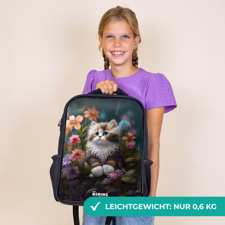 Kinderrucksack - Schwarz - Kätzchen zwischen Blumen — 7