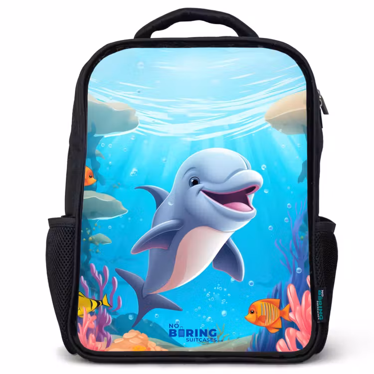 Kinderrucksack - Schwarz - Delfin mit tropischen Fischen und Korallen — 1