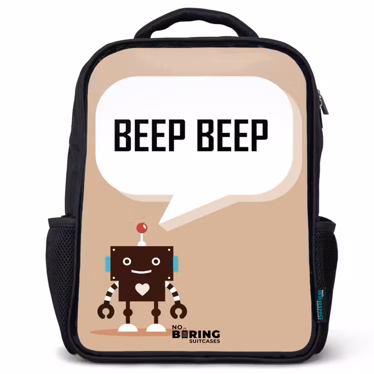 Kinderrucksack - Schwarz - Dunkelbrauner Roboter mit einem Text — 1